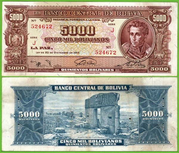 Bolivia 5000 Bolivianos 1945, P-150 Prefix-J XF