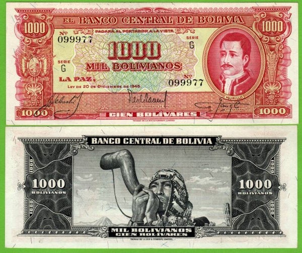Bolivia 1000 Bolivianos 1945, P-149 Prefix-G Aunc