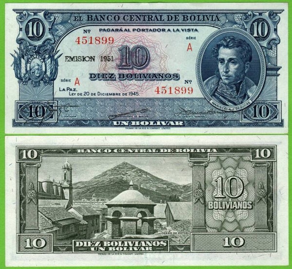 Bolivia 10 Bolivianos 1945, P-139a Prefix-A Aunc