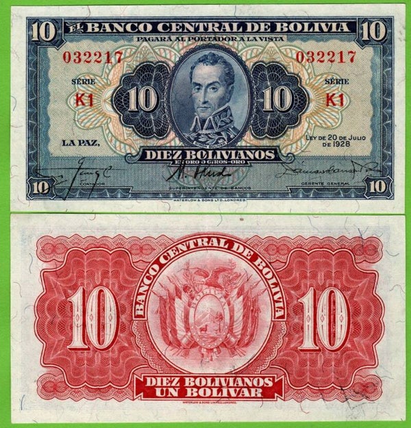 Bolivia 10 Bolivianos 1928, P-130 Prefix-K Aunc