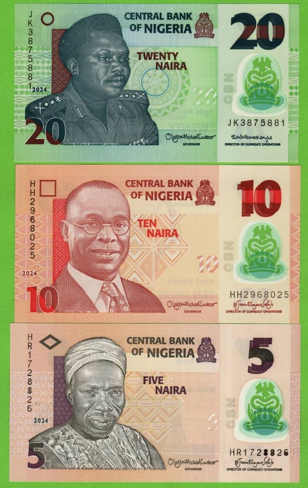Nigeria Set 3pcs 5,10,20 Naira 2024 Unc