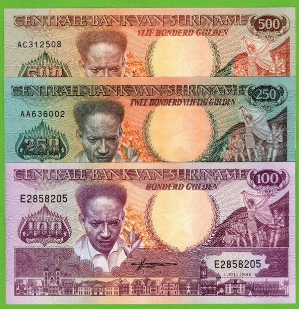 Suriname Set 3 pcs 100,250,500 Gulden 1988 Unc