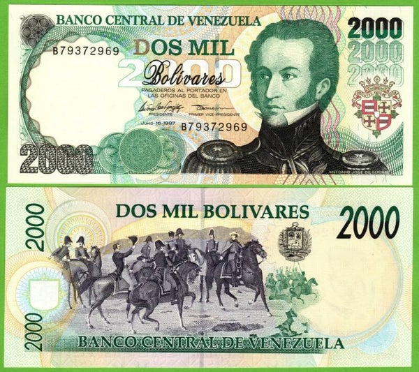 Venezuela 2000 Bolivares 1997, P-77a Prefix-B Unc