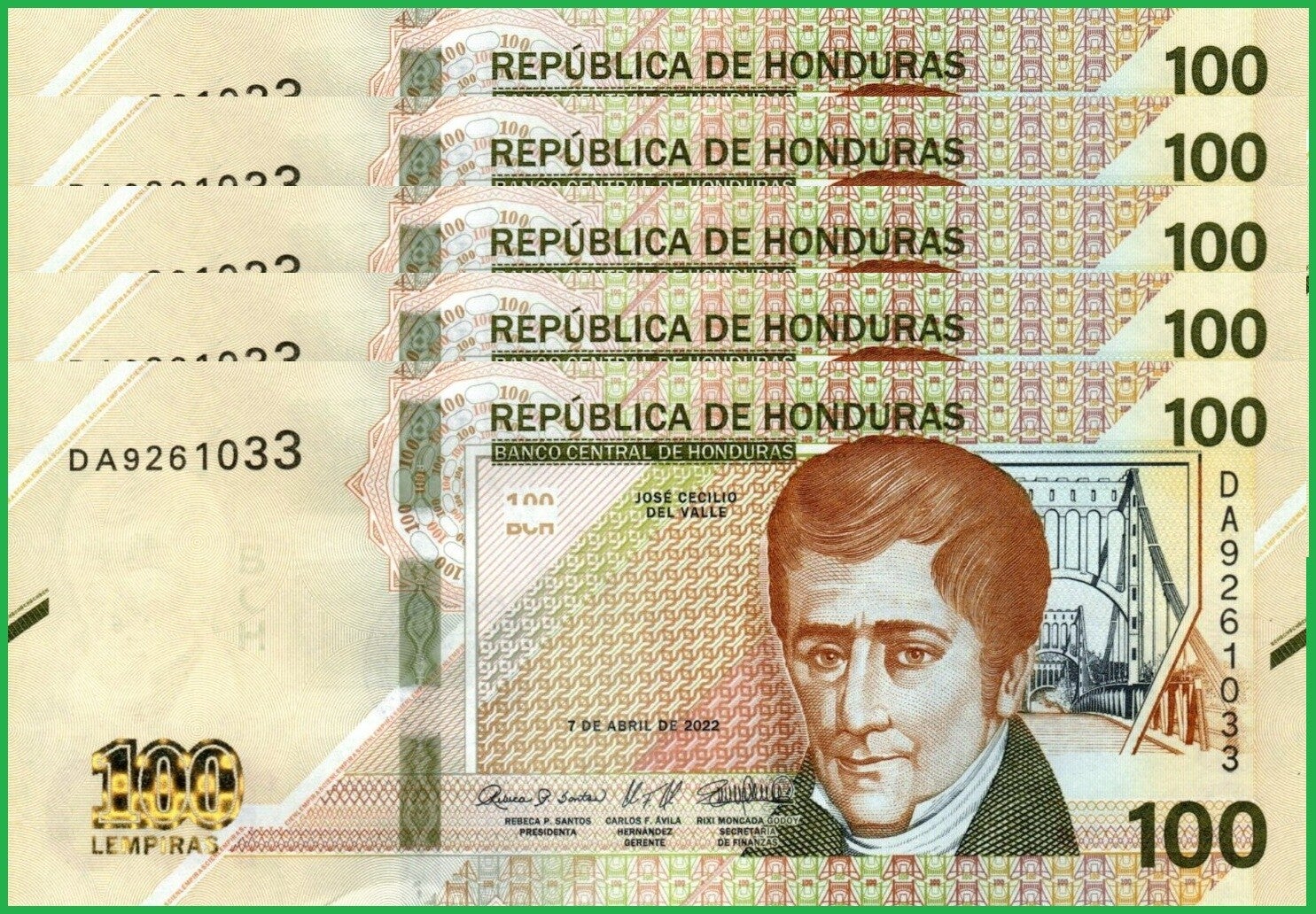 Honduras 100  Lempiras 2022, P-112 Lote 5 pcs Unc