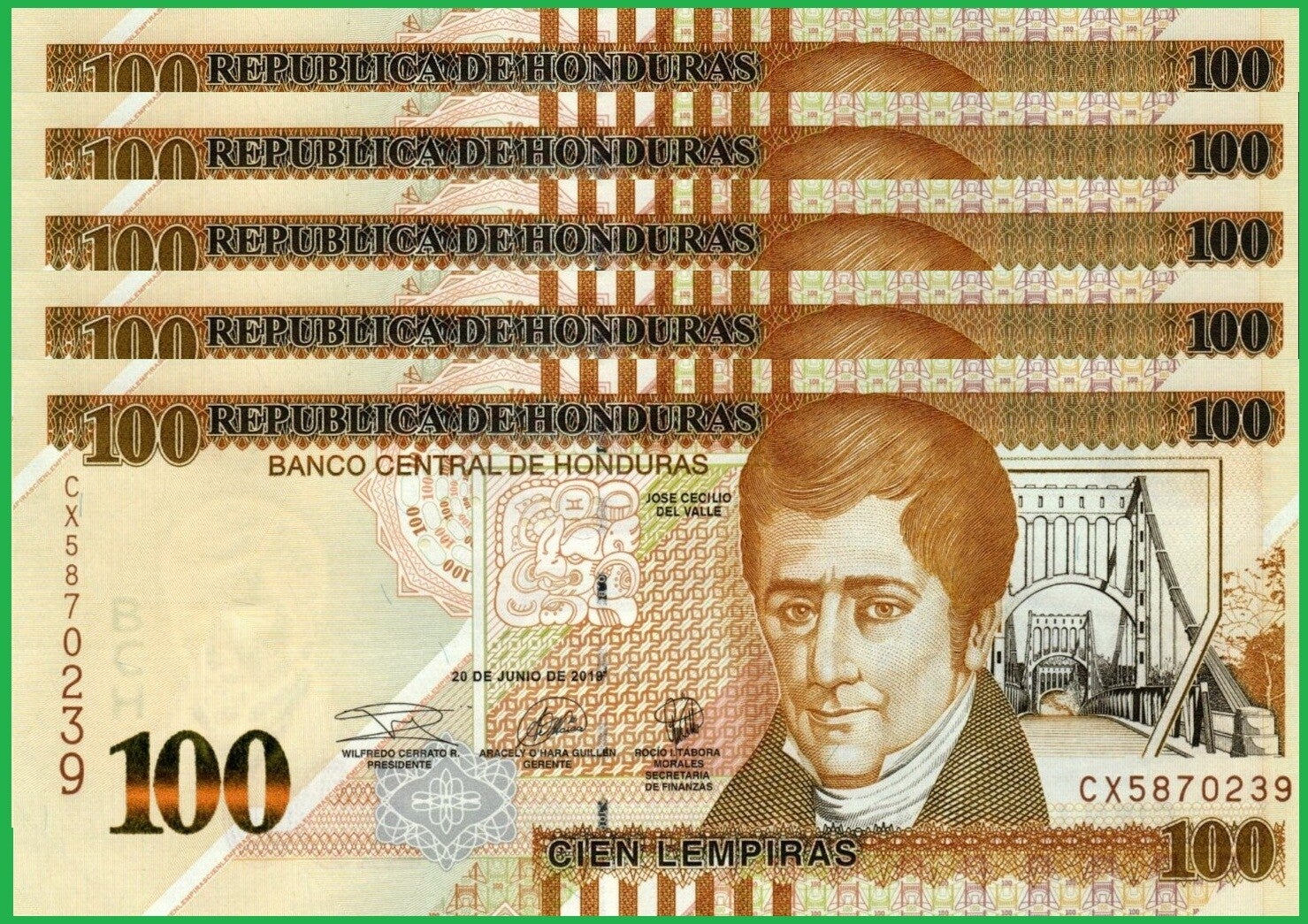 Honduras 100 Lempiras 2019 , P-102d Lote 5 pcs Unc