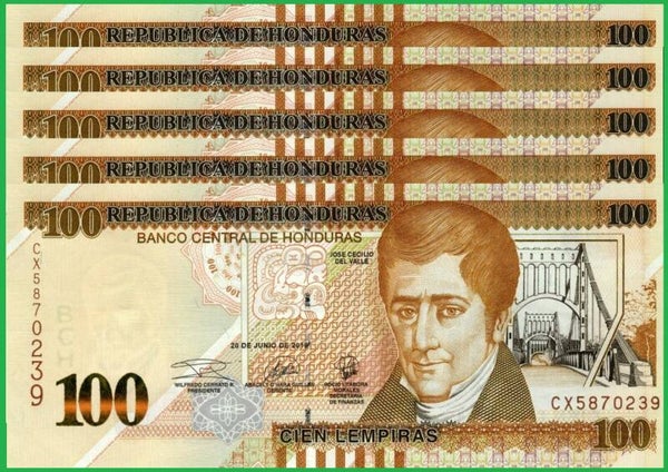 Honduras 100 Lempiras 2019 , P-102d Lote 5 pcs Unc
