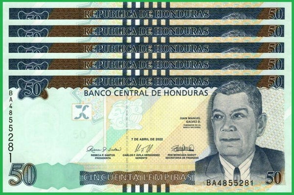 Honduras 50 Lempiras 2022, P-104  Lote 5 pcs Unc