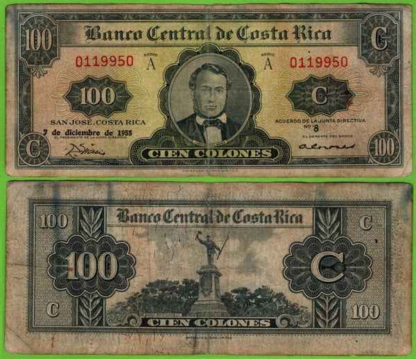 Costa Rica 100 Colones 1955, P-224a Prefix-A  circ