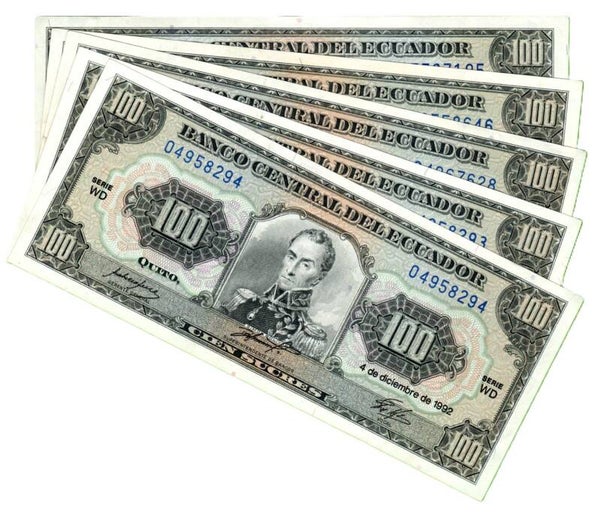 Ecuador 100 Sucres 1992, P-123a Prefix-WD Lote 5 Pcs