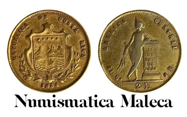Costa Rica 2 escudos 1854, Km99 Oro