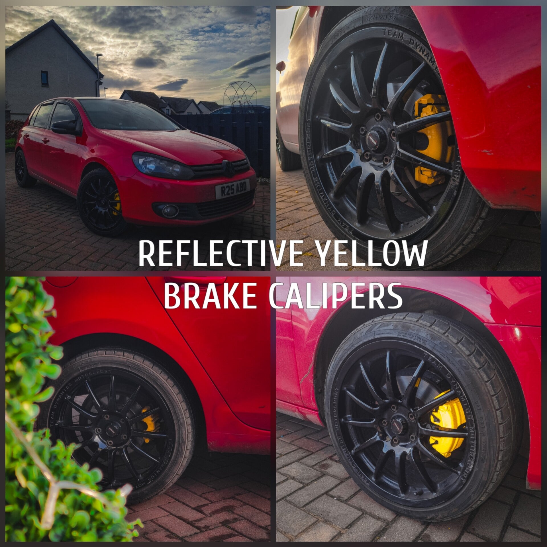Yellow brake calipers behind alloy wheel