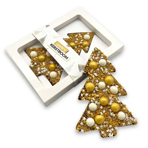 Chocolade kerstboom Goud "Fijne feestdagen" (190 gram) [Plasticvrij]
