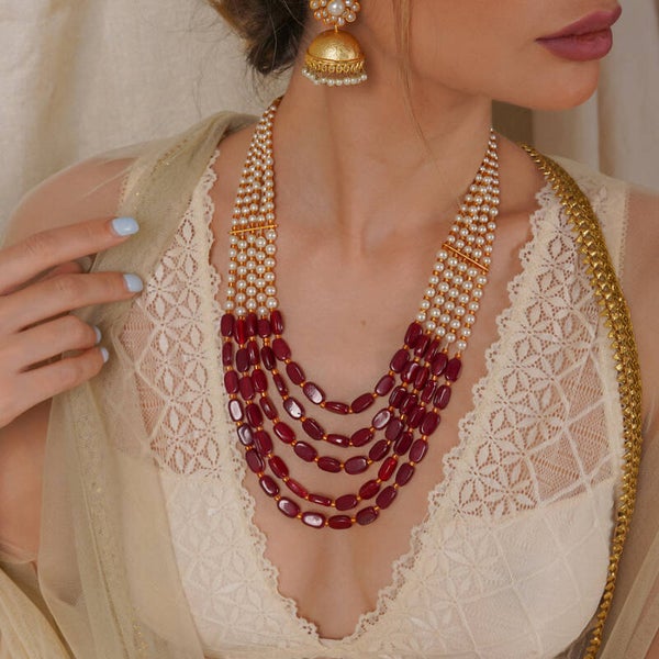 Aarushi Red Bead And Pearl Necklace
