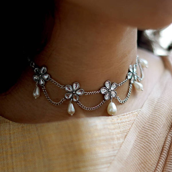 Floweret Polki Silver Oxidized Pearl Choker Necklace
