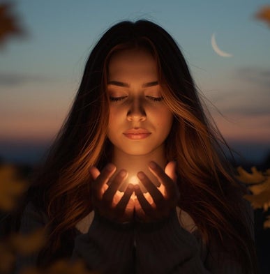 gold and blue light swirls around woman symbolizing reiki and energy healing