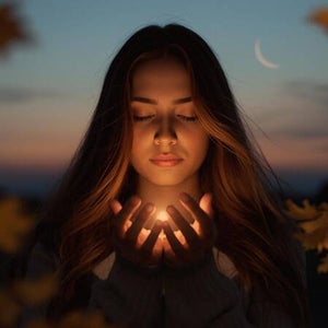 Golden and Blue light swirling around meditating woman representing reiki and energy healing