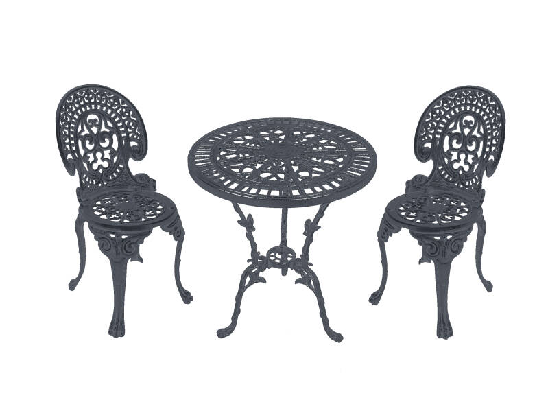 Schwarzes Gusseisen-Gartenmöbel-Set mit Tisch und zwei Stühlen auf einer Terrasse
