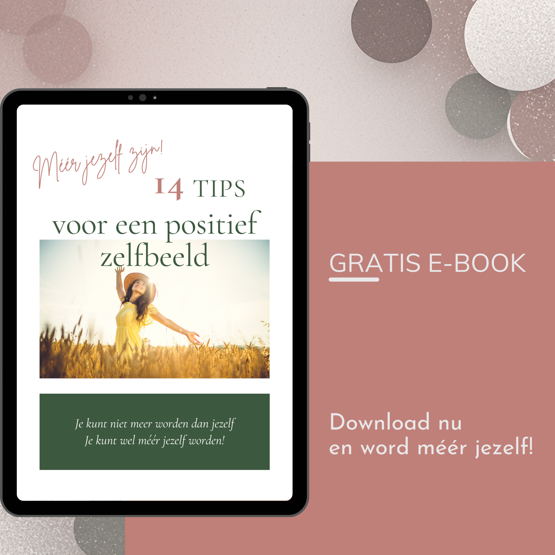 Afbeelding van het gratis e-book “12 tips voor een positief zelfbeeld bij adoptie” van Praktijk Rootz, getoond als boek en op een smartphone, met een omslag waarop een vrouw glimlacht en roze bloesems op de achtergrond staan.