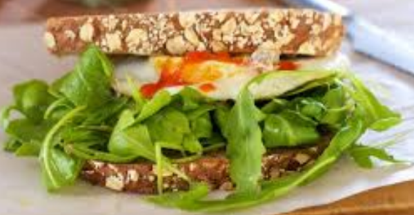 SINGLE EGG SAMMY - Just the Sammy! A single fried egg with cheese, nutty arugula greens, and your choice of bacon or sausage, served on multigrain toast, accompanied by our seasoned mayo spread.