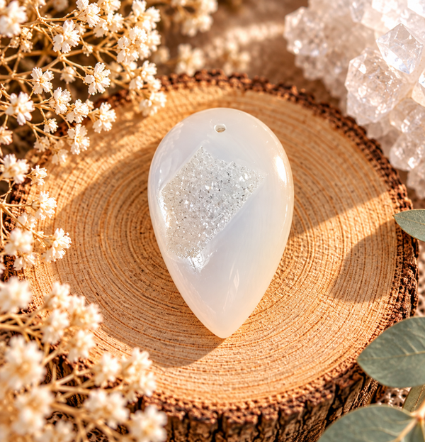 Cabochon en agate blanche druzy