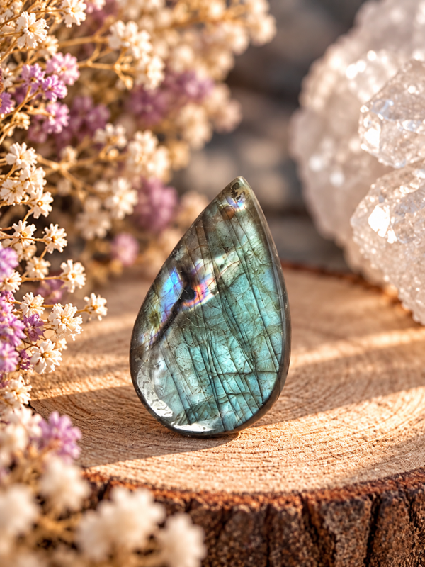 Cabochon en labradorite grise / turquoise