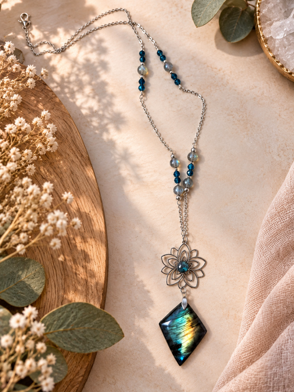 Sautoir "Élaria" en labradorite & apatite bleue