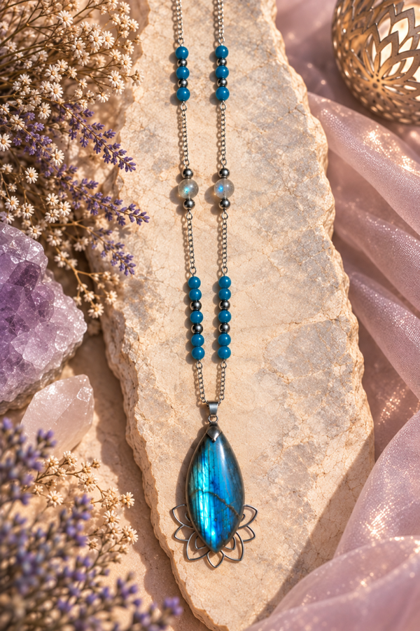 Sautoir "Nébélia" en labradorite & apatite
