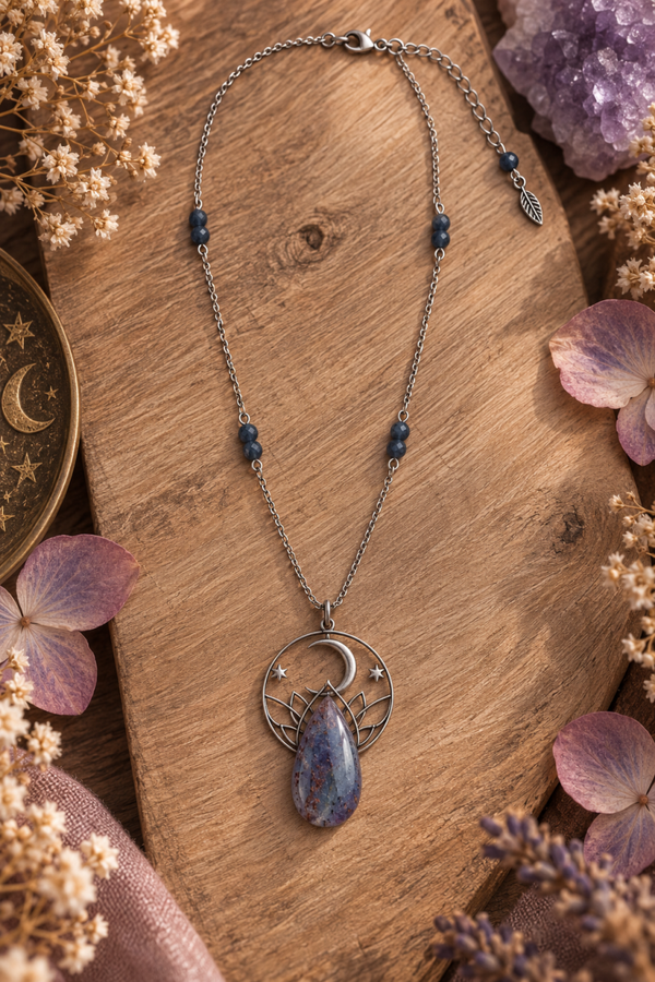 Collier court "Noctis Astra" en iolite & saphir naturel