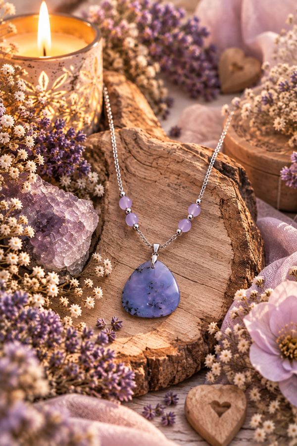 Collier ras de cou "Silva Lunae" en agate mousse violette & calcédoine violette