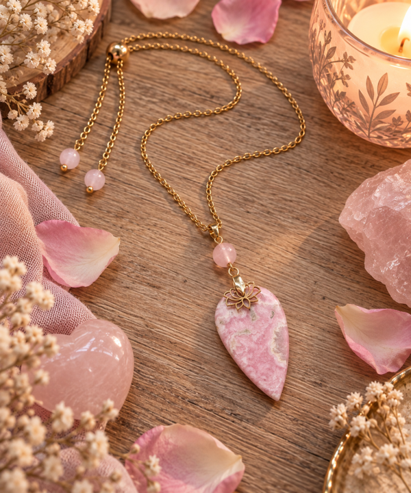Collier / Sautoir "Pétalia" en rhodochrosite & quartz rose