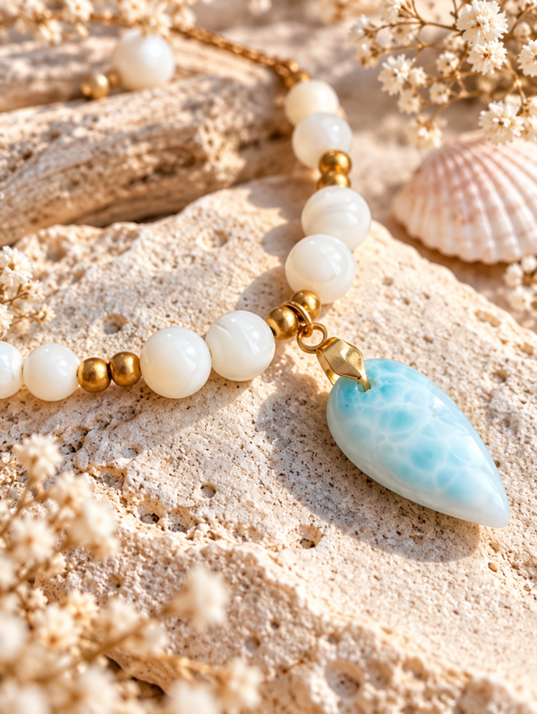 Collier "Ondéa" en Calcite Caraïbe & Nacre