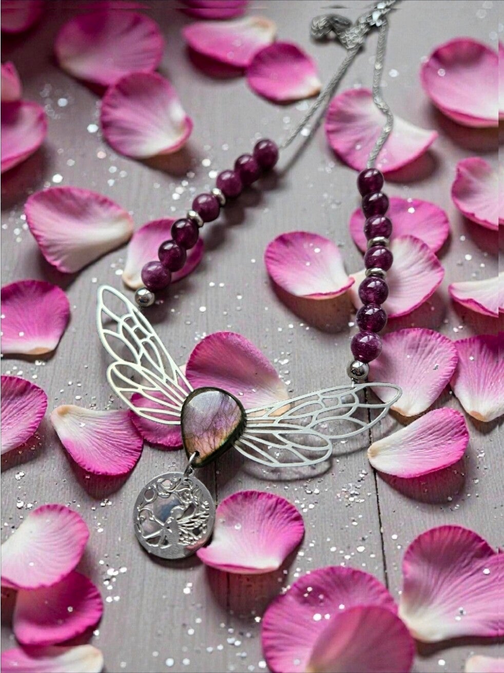 Ras de cou "Fée des métamorphoses" en labradorite & lépidolite