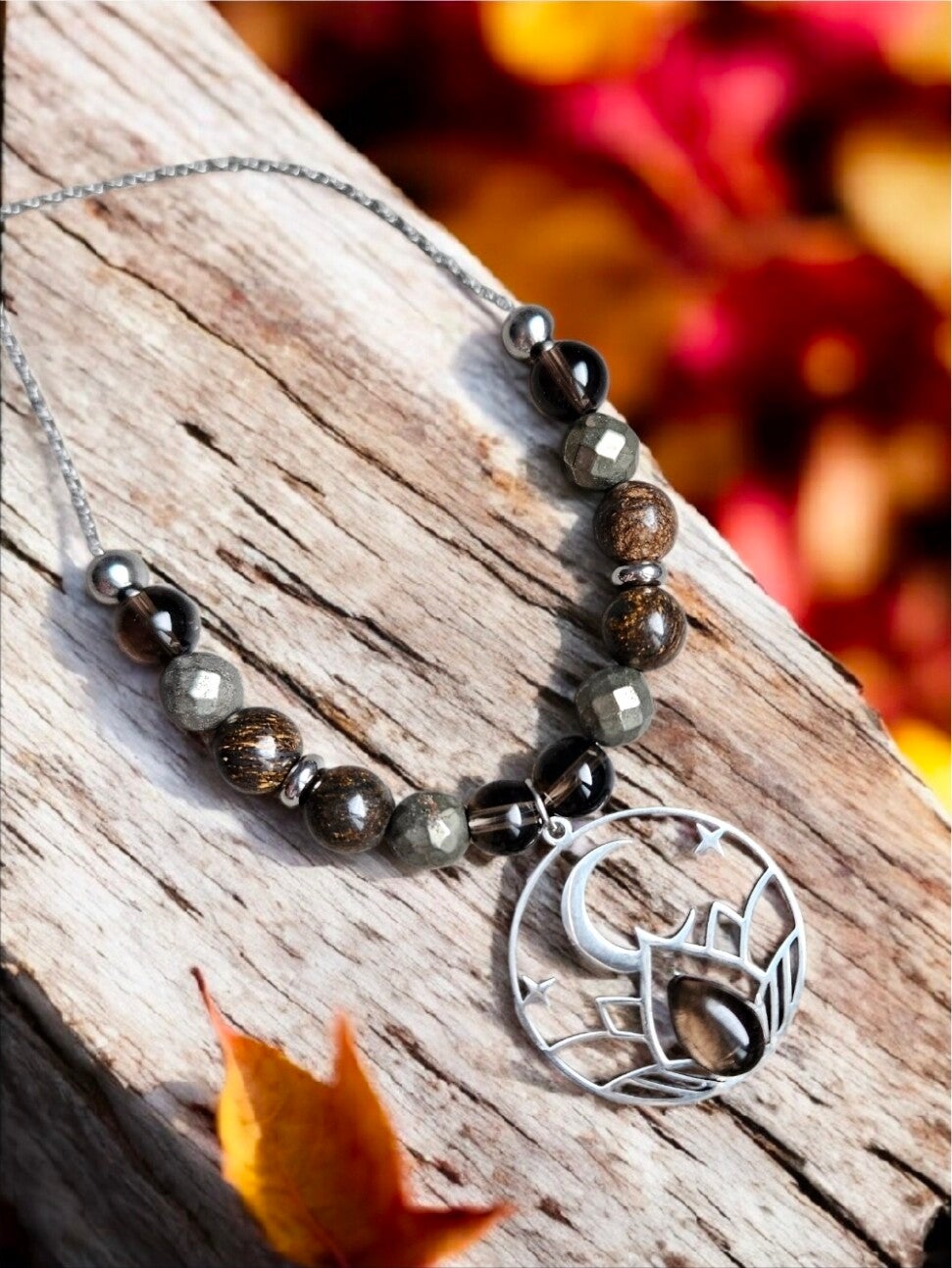 Ras de cou "Gardien des 3 royaumes" en quartz fumé, bronzite et pyrite