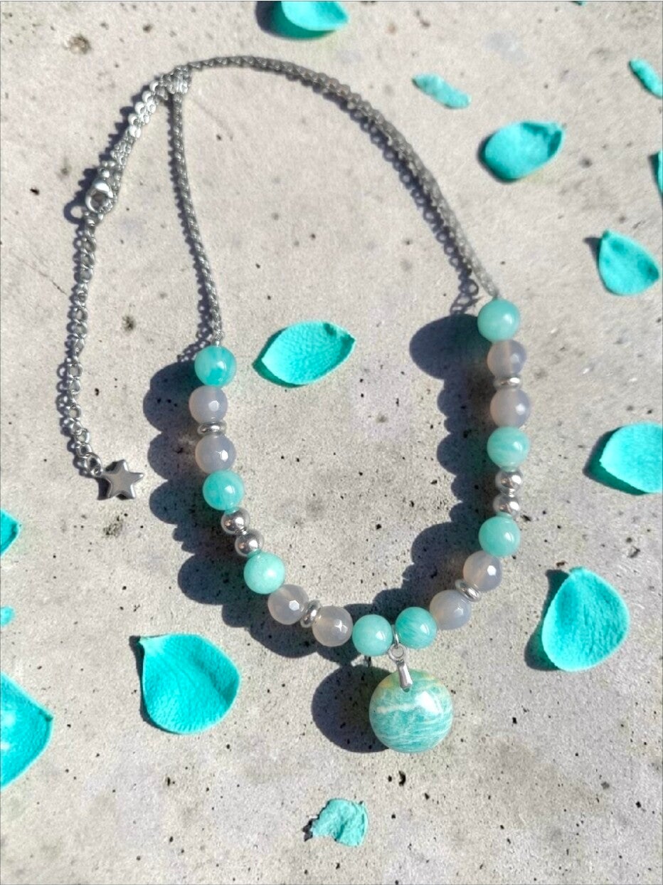 Collier "Écume Céleste" en amazonite & agate grise