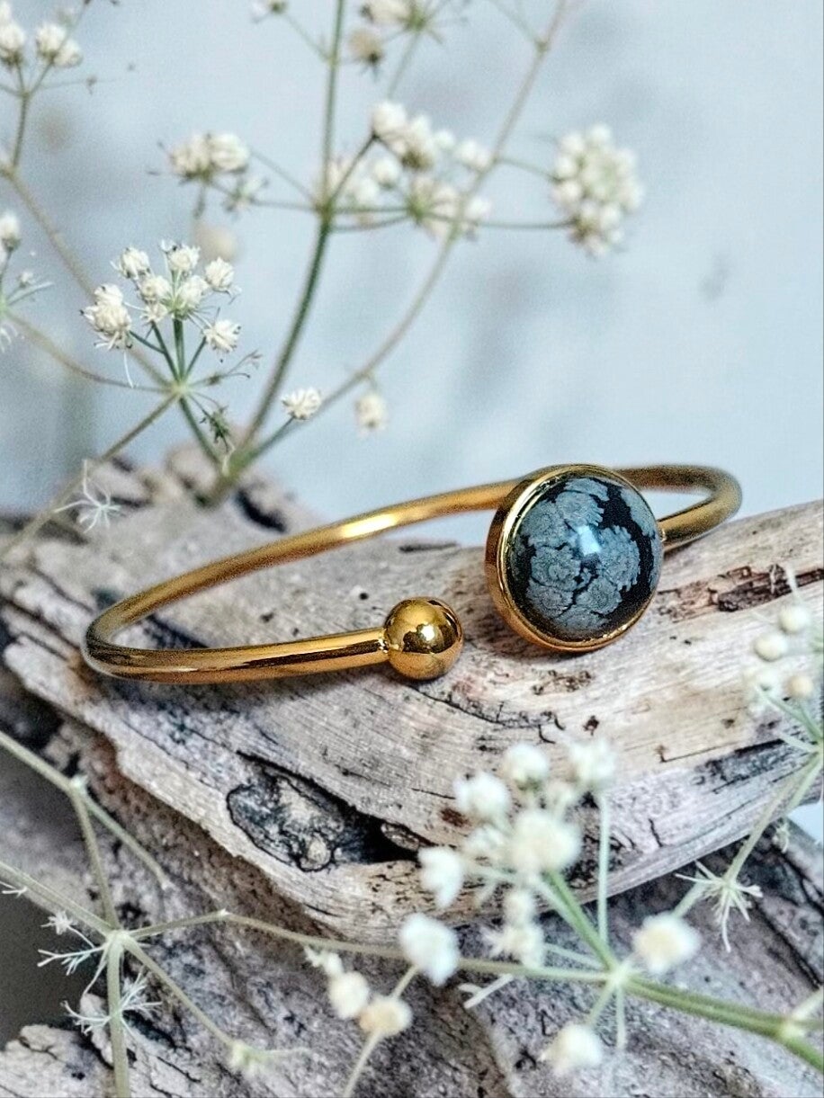Bracelet jonc en obsidienne flocon de neige