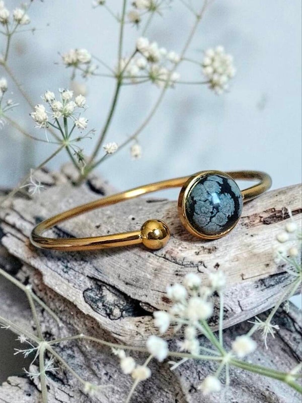 Bracelet jonc en obsidienne flocon de neige