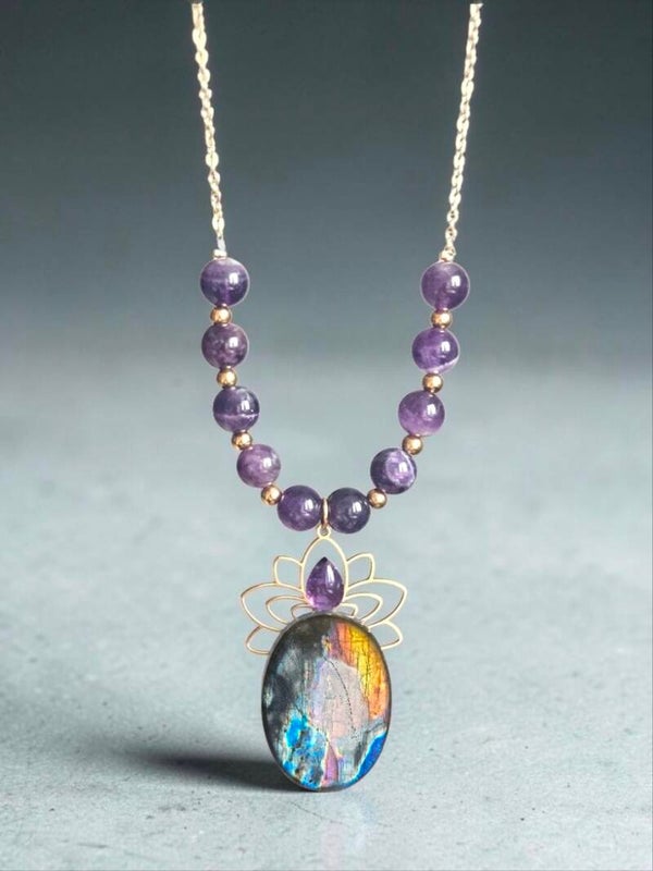 Collier "Nébuleuse" en labradorite et améthyste