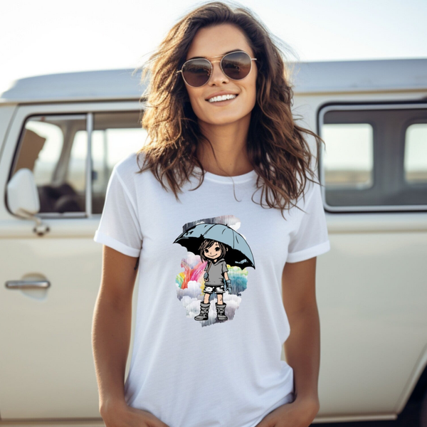 No Rain No Rainbow T-Shirt – Mädchen mit Regenschirm | Motivshirt mit Spruch