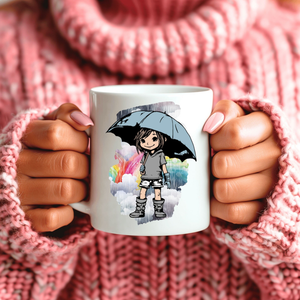 „Wenn das Leben dir Regen schenkt, spring in die Pfützen“ – Motivationsbecher mit Regenmädchen