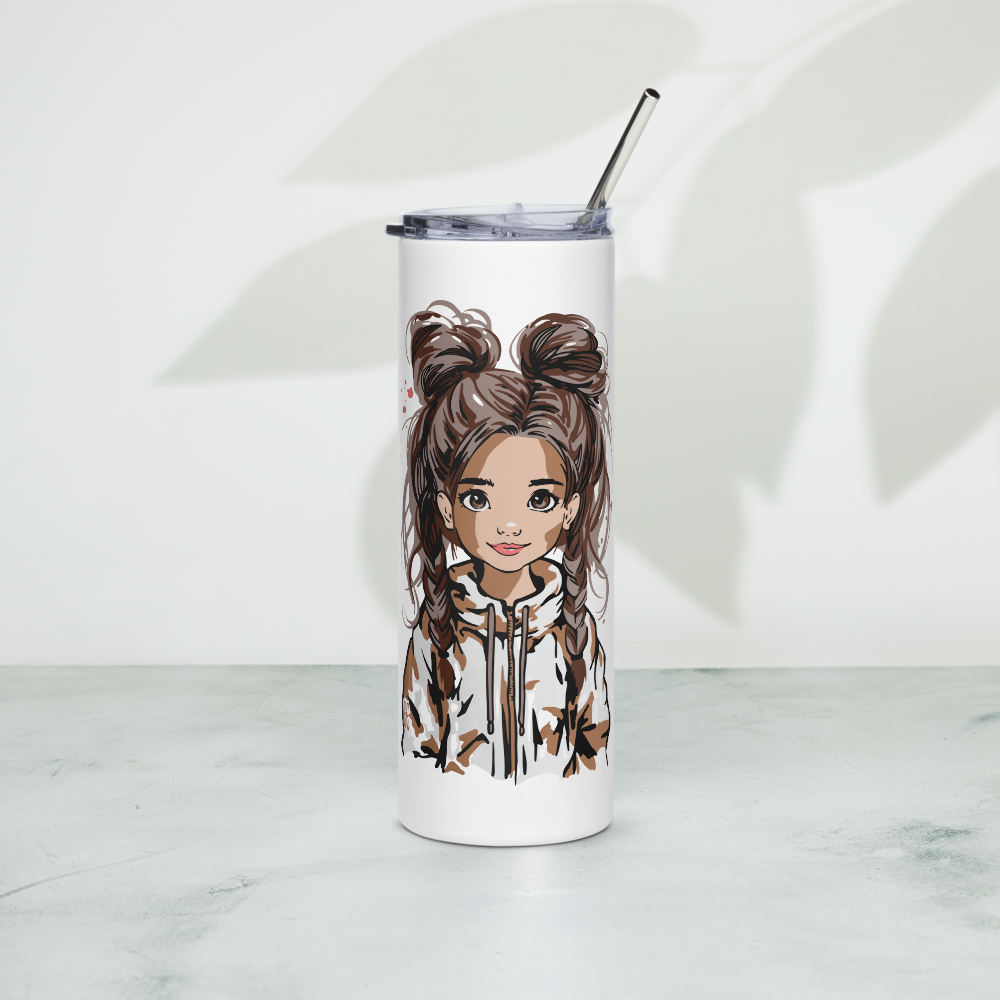 Coffee-to-go-Becher „Double Bun Girl“ – stylischer Thermobecher aus Edelstahl mit Mädchen-Motiv