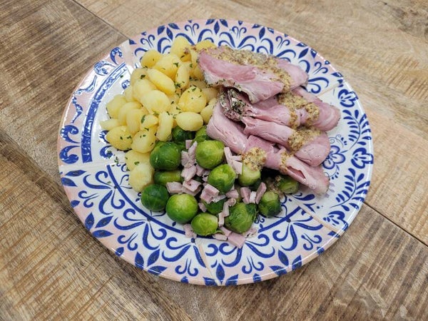 week 51 - Beenham met honingmosterdsaus spruitjes (spek) en puree