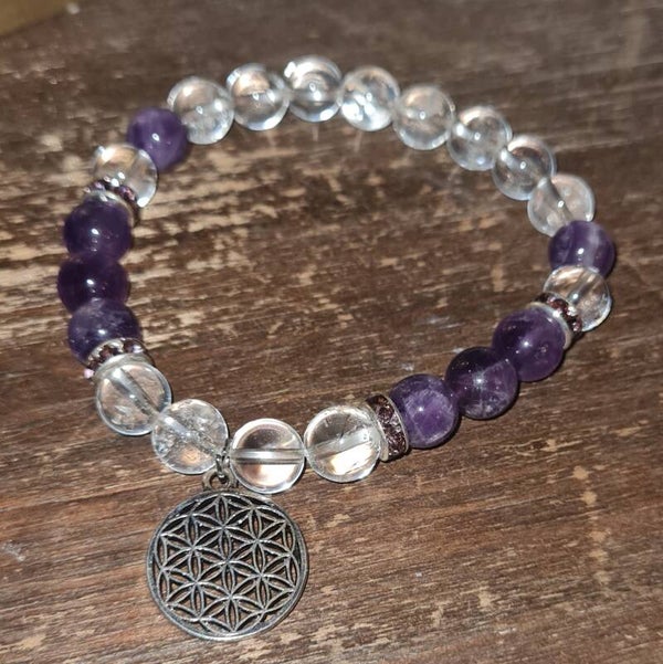 Armband "Blume des Lebens" mit Amethyst & Bergkristall