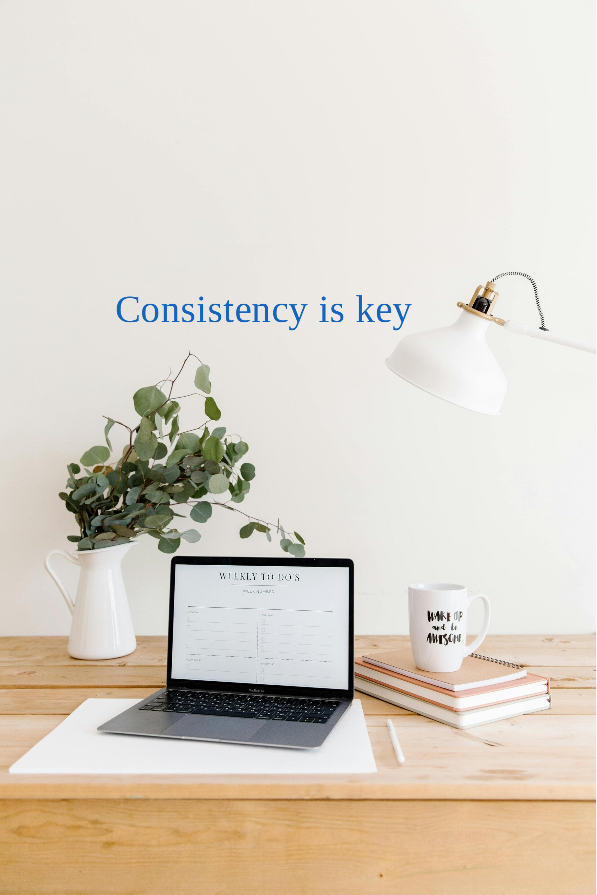 Laptop on a clean desk with a green plant against white walls, featuring the quote “Consistency is everything” on the wall—symbolizing discipline, clarity, and a focused work-from-home mindset.