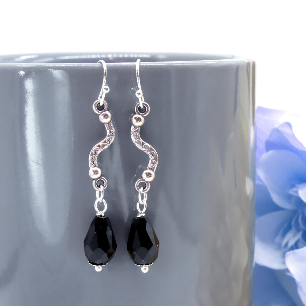 Silver Waves & Black Crystal Earrings