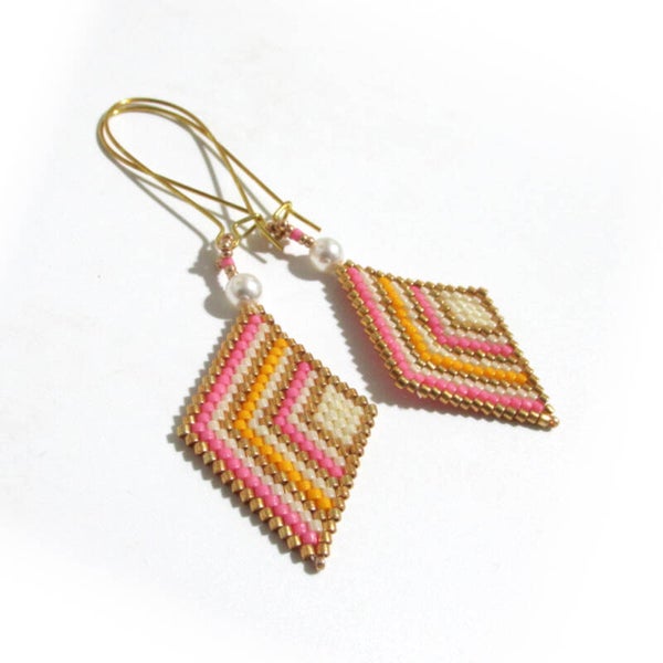 Pink Orange & Gold Beaded Pearl Earrings