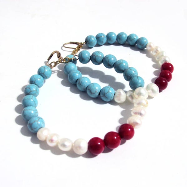 Large Turquoise Pearl & Coral Earrings