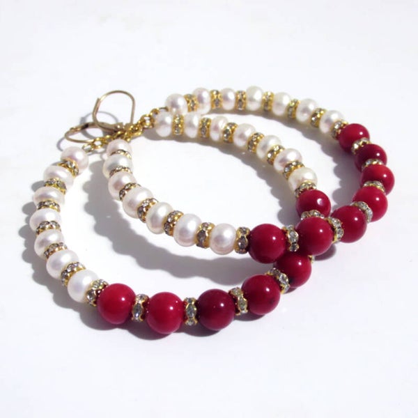 Large Coral & Pearl Evening Earrings