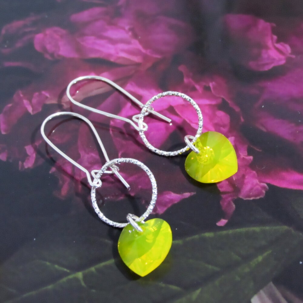 Silver Swarovski Heart Drop Earrings Yellow