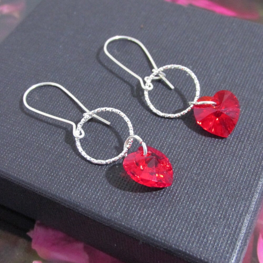 Silver Swarovski Heart Drop Earrings Red