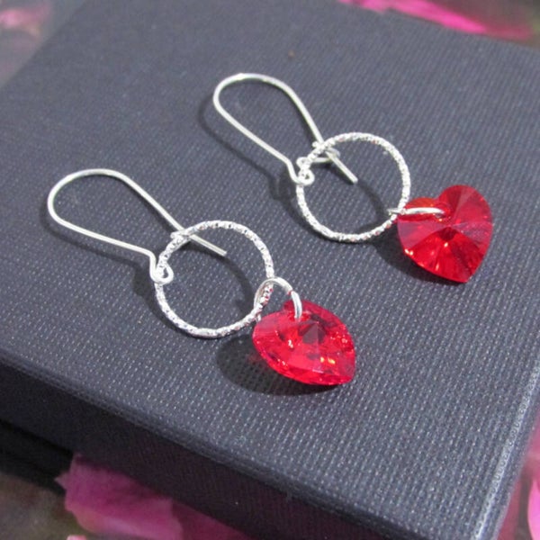 Silver Swarovski Heart Drop Earrings Red